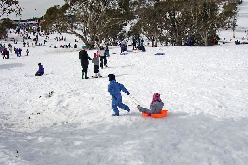 Kids riding a toboggan in the snow.