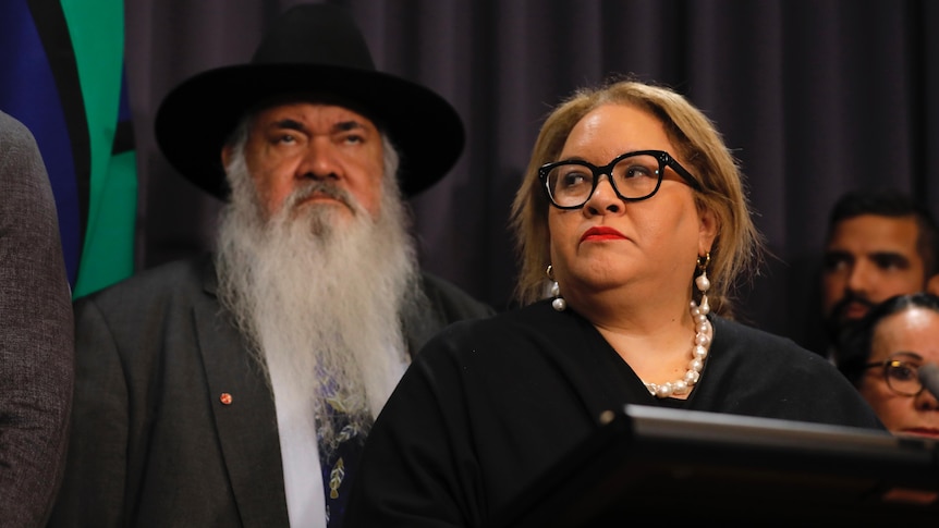Davis looks off camera standing at a lectern, with Labor Senator Pat Dodson visible behind her.
