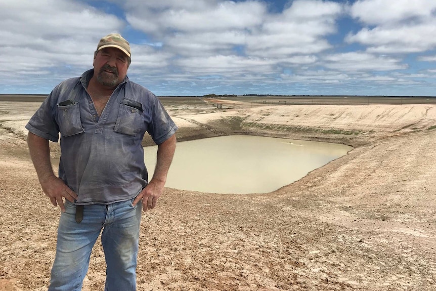 A man stands in front of a dam on a farm.