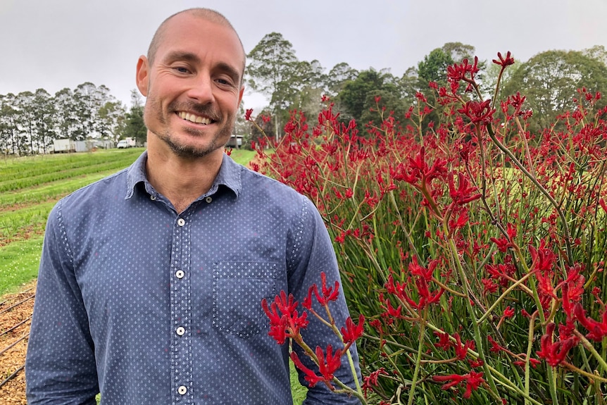 A man smiles with red kangaroo paw plants in flower behind him.