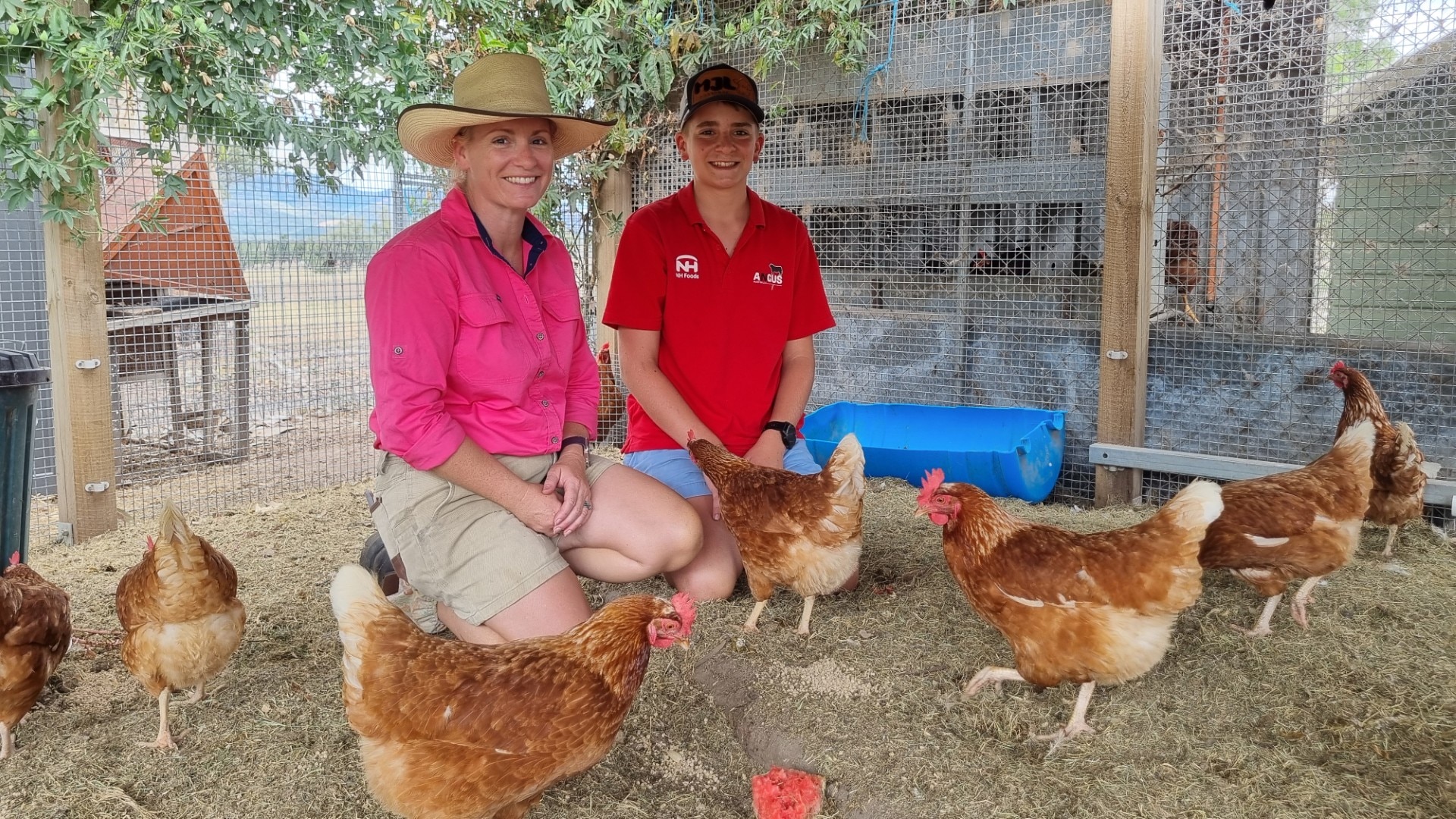 Una mujer con una camisa rosa y un niño con una camisa roja se arrodillan con las gallinas.