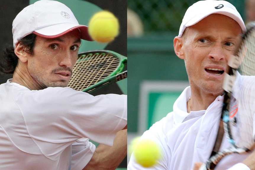 Composite photo of LtoR Martin Vassallo Arguello and Nikolay Davydenko playing during matches.