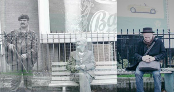 Sean Hillen sitting on the same bench that he photographed when there was widespread conflict in Northern Ireland.