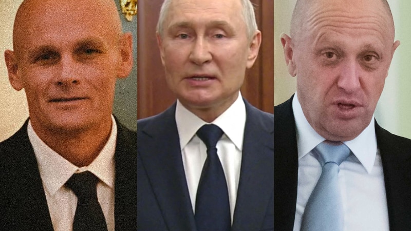 A composite of Dmitry Utkin, Vladimir Putin and Yevgeny Prigozhin