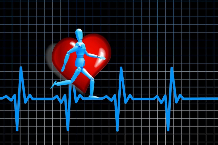An illustration of a figurine running along the lines from a heart rate monitor.