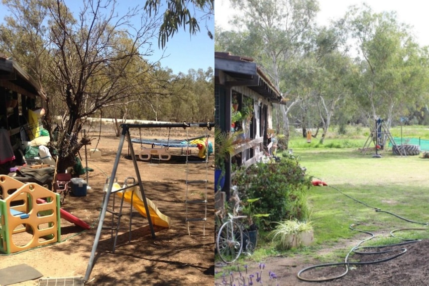 A before and after composite of a front yard. 