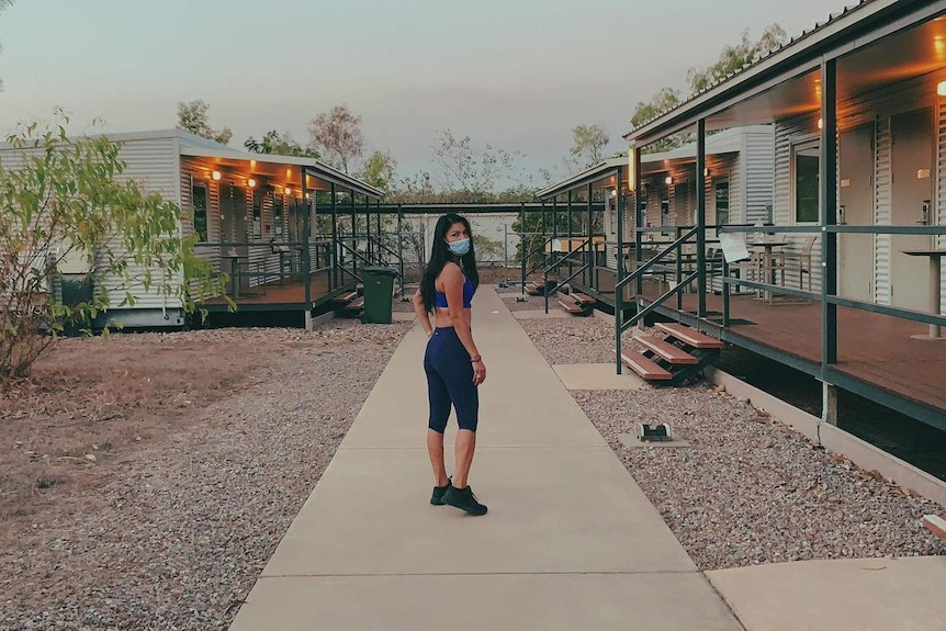 A photo of 41-year-old Darwin resident Kim Totham in quarantine at Howard Springs.