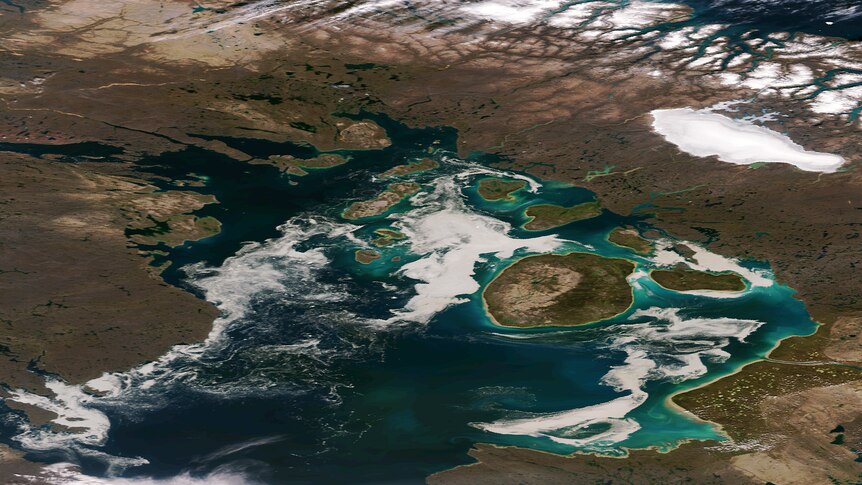 A satellite photo shows swirls of phytoplankton and remnants of sea ice