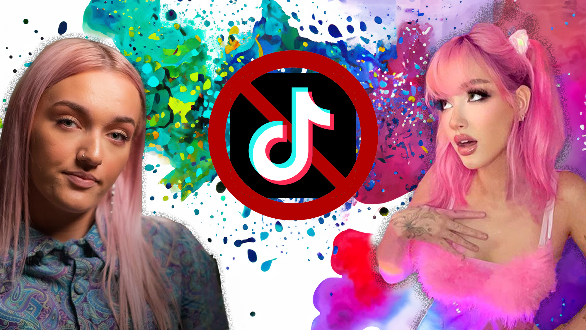 Collage of Australian acts George Alice & Peach PRC against the TikTok logo with a banned sign across it