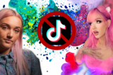 Collage of Australian acts George Alice & Peach PRC against the TikTok logo with a banned sign across it