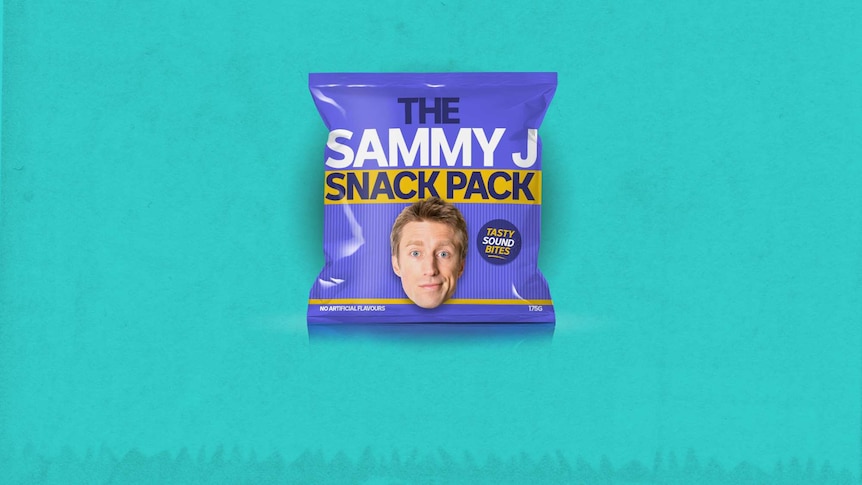A chip packet with Sammy J's face on it with the ABC logo in the background.
