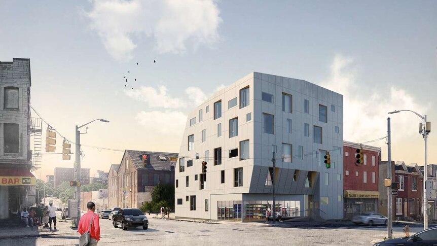 You view a design render of a cubic, modern medium density community centre  on an American street.