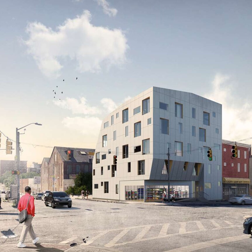 You view a design render of a cubic, modern medium density community centre  on an American street.