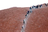 Climbers walk up a slope of Uluru