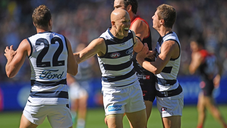 Gary Ablett of the Cats (2nd L) reacts after kicking a goal against Melbourne.