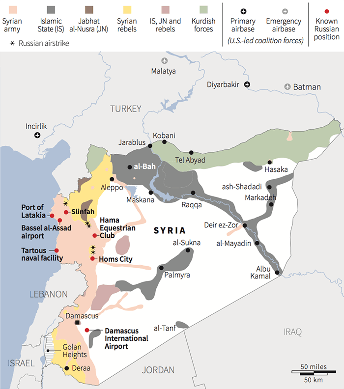 Map: Russia says its airstrikes in Syria have targeted IS but they have occurred in rebel-held parts of the country, ISW says.