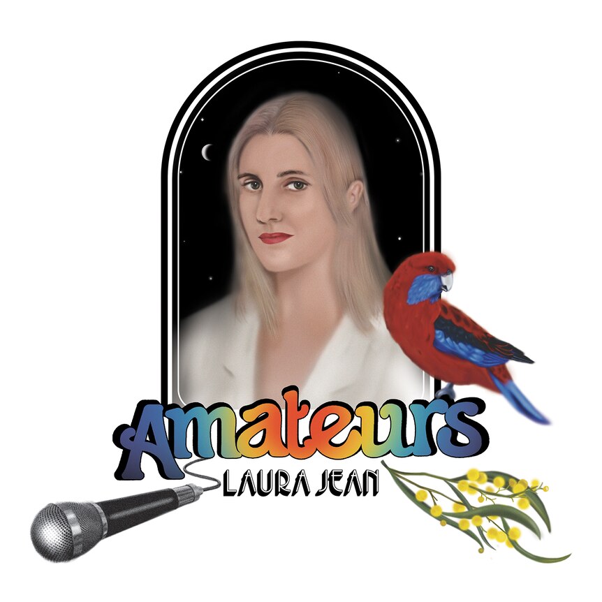 painting of laura jean, a microphone, some wattle and a bird