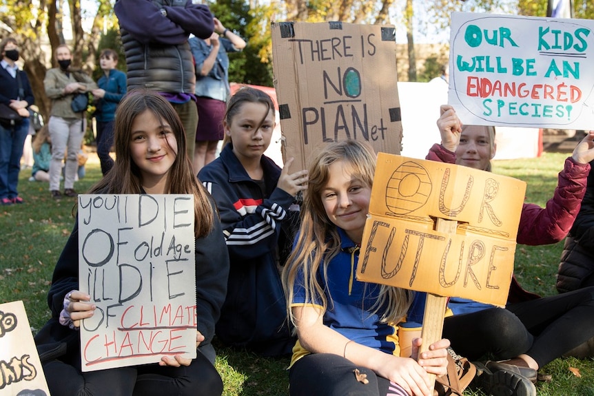 Four students sitting on the grass holding banners calling for action on climate change.