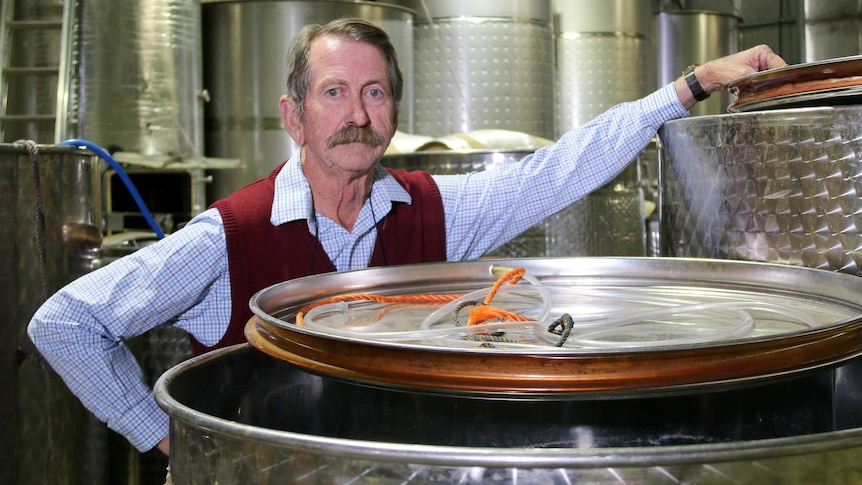 Man standing near wine barrels