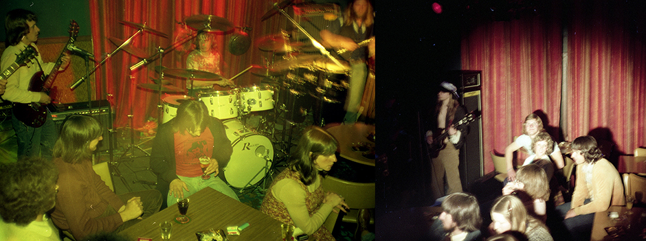 Pair of images, blurry and old, live band performing in crowded corners.