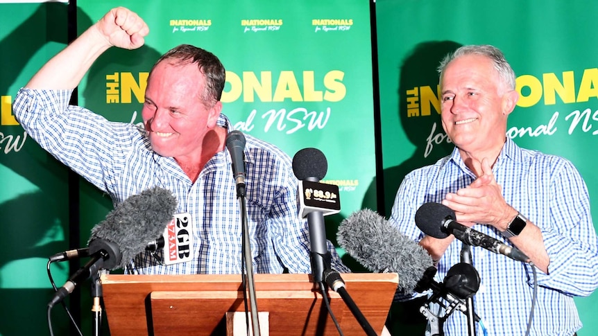 Barnaby Joyce and prime minister Malcolm Turnbull celebrate the election