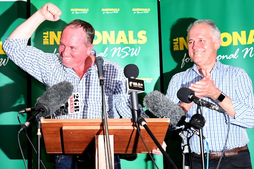 Barnaby Joyce and prime minister Malcolm Turnbull celebrate the election