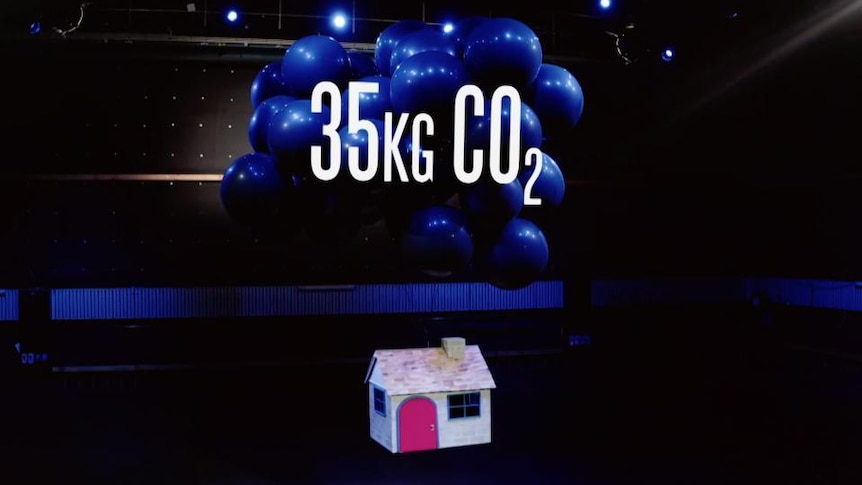 text of 35kg CO2 overlays blue balloons
