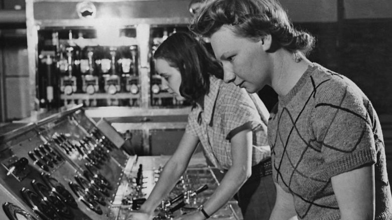 Two women operating a high power television transmitter circa 1960.