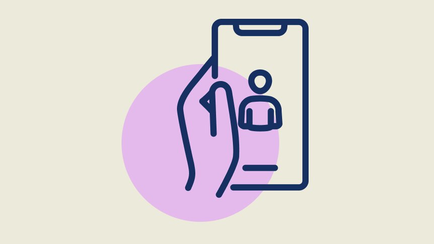 A stylised illustration of a hand holding a phone, the screen of which shows the outline of a person
