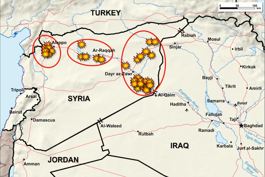 A US Central Command map showing the locations of air strikes in Syria on September 23, 2014.