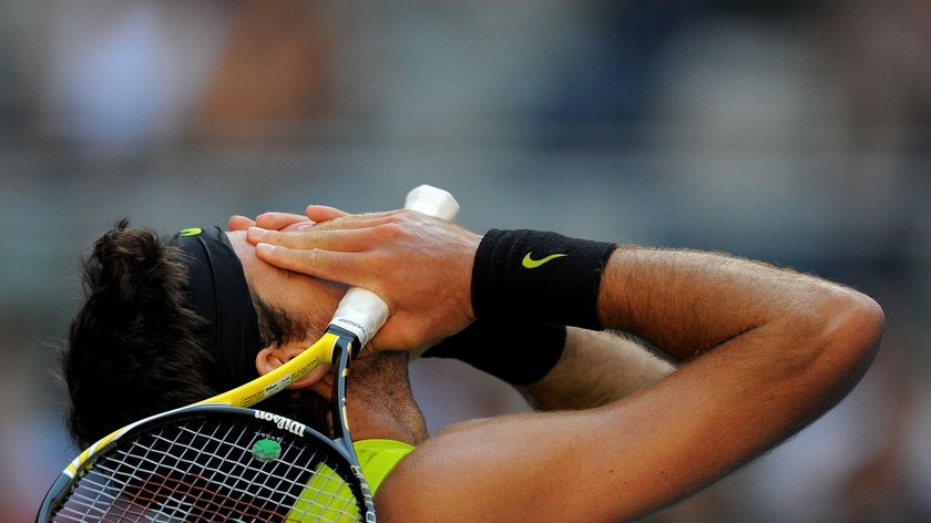 Shock loss: Del Potro shows his frustration in the marathon match.