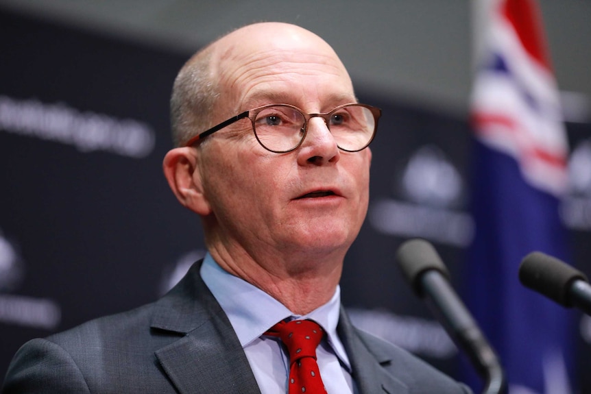 Paul Kelly speaks at a lectern in front of an Australian flag