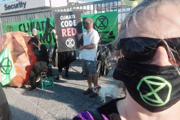 Karin at a protest with an XR mask.
