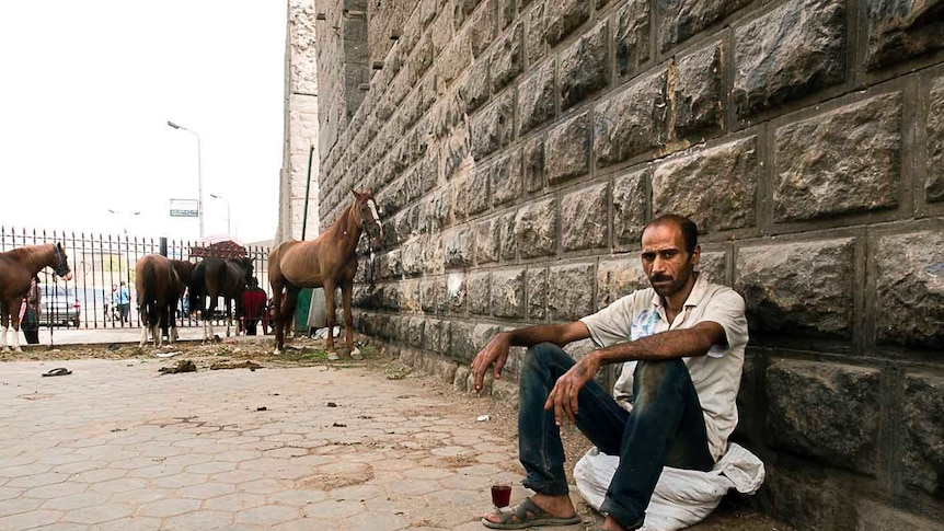 Mohamed takes a break from his work sitting on the ground with animals in background