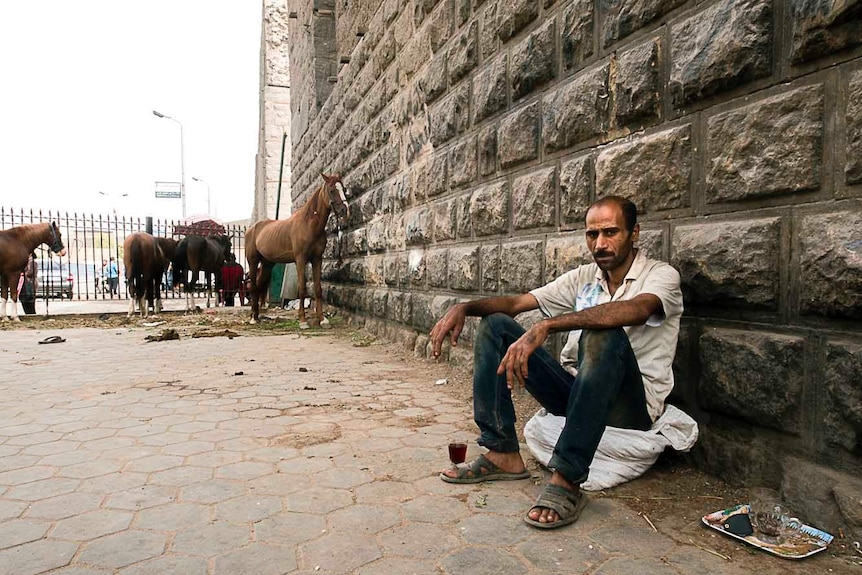 Mohamed takes a break from his work sitting on the ground with animals in background