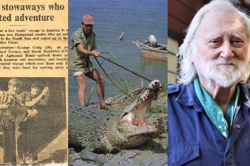 A three-panel image showing an old newspaper clipping, a middle-aged looking man wrangling a crocodile, and an elderly man.