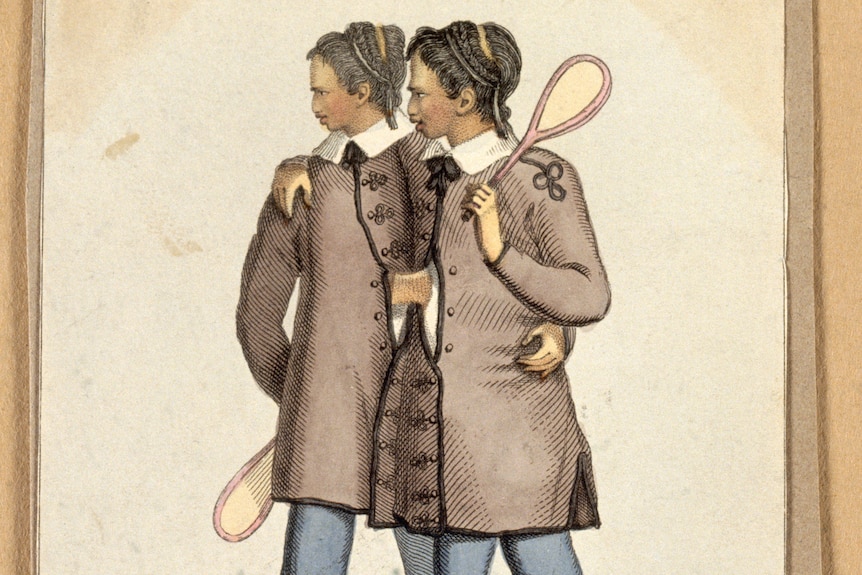 Drawing of two young men holding rackets. They are conjoined at the chest