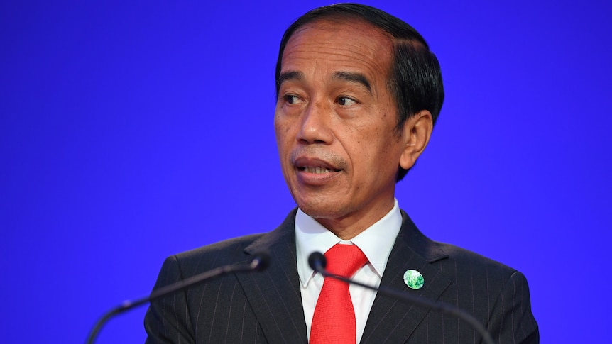 Indonesia's President Joko Widodo speaks against a blue background