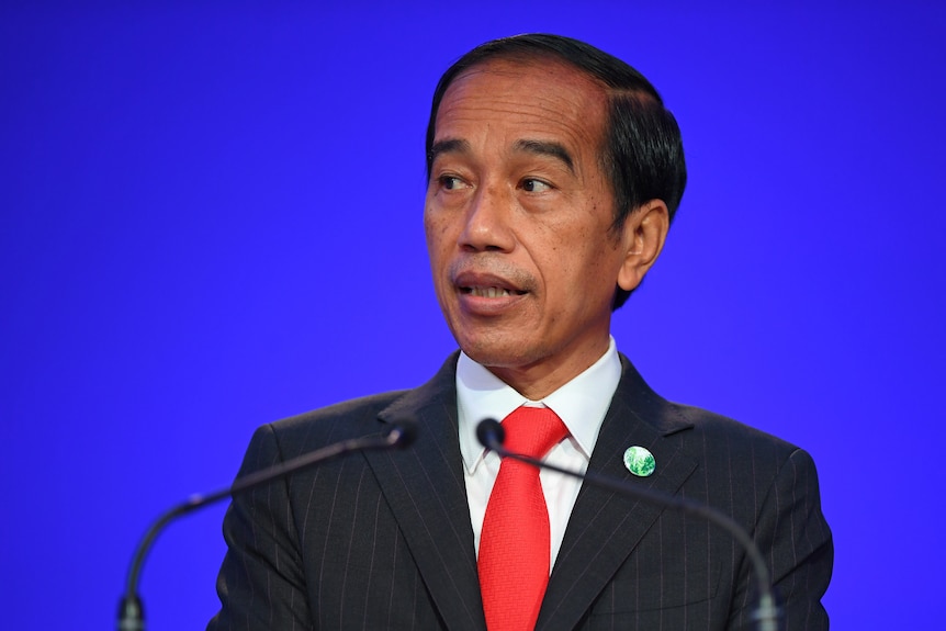 印尼总统佐科维多多在蓝色背景下讲话