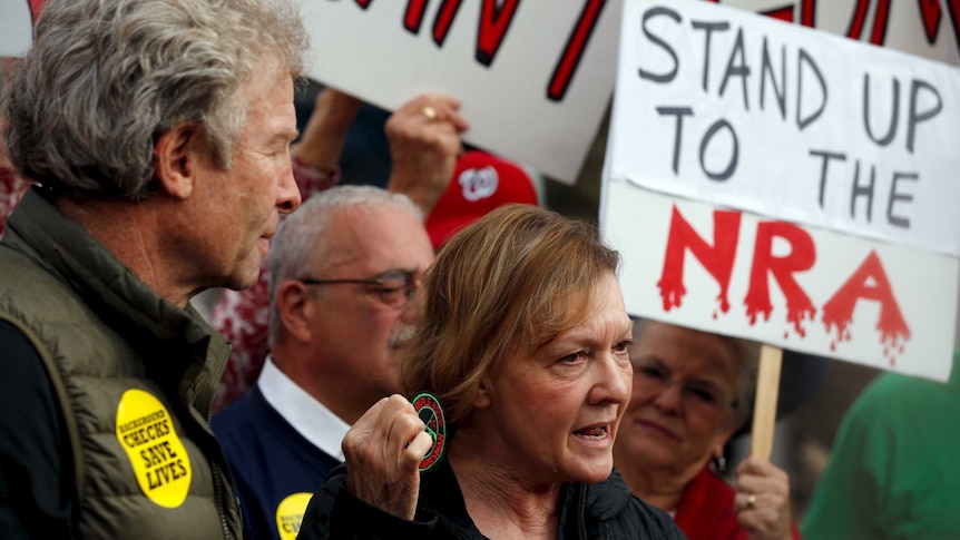 Barbara Parker and Andy Parker speaking at the protest