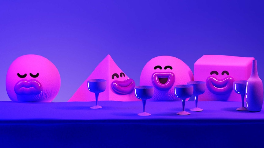 Human-like purple shapes enjoy a drink at a bar, while another shape sits alone without a drink to depict being left out at work