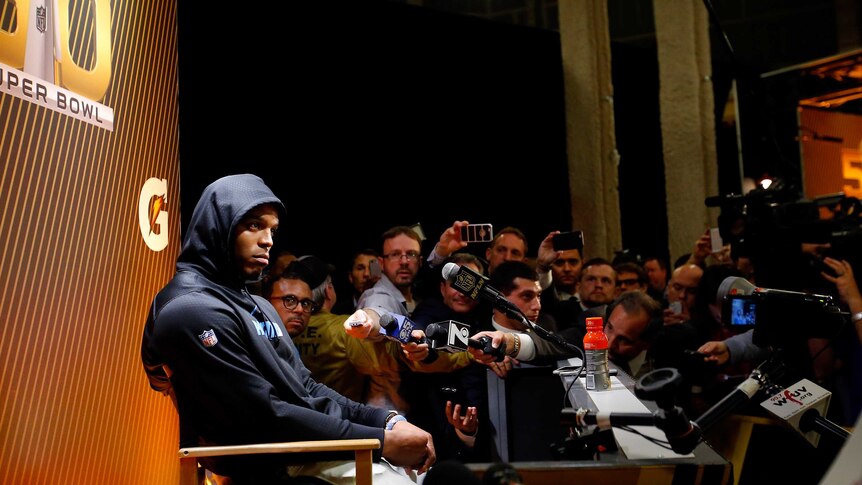 Cam Newton at a press conference after Super Bowl 50
