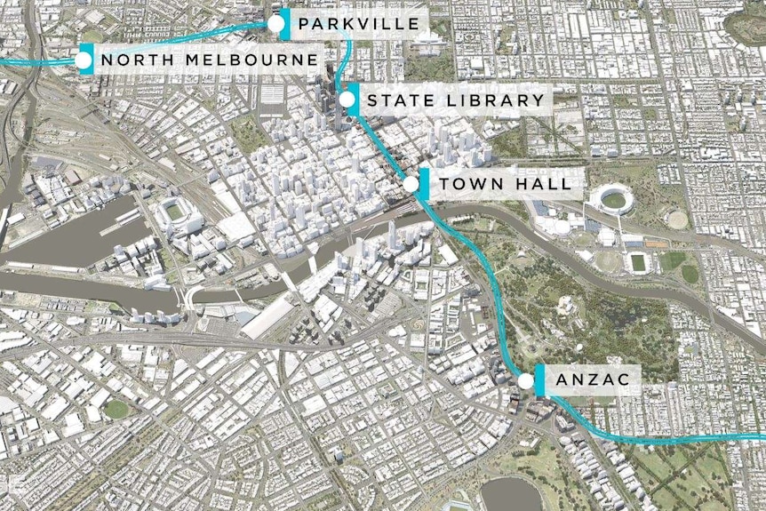 A map showing five future underground stations in central Melbourne.