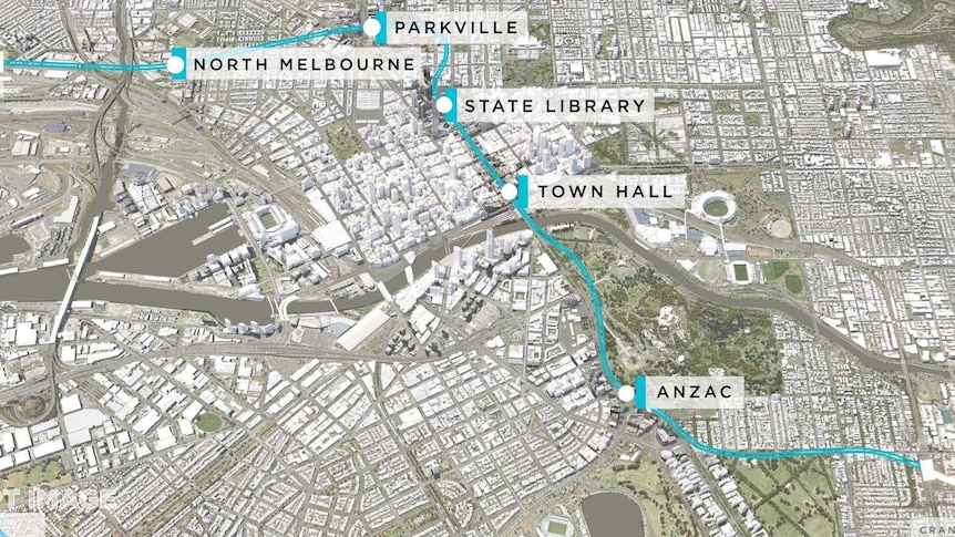 A map showing five future underground stations in central Melbourne.