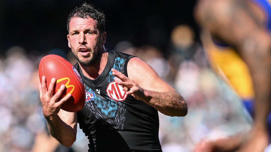 A Port Adelaide AFL player scans the ground in front of him as he holds the ball in play during a game. 