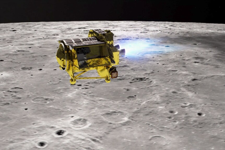 An illustration provided shows a small gold moon probe cruising in lunar orbit over the cratered grey surface of the moon.