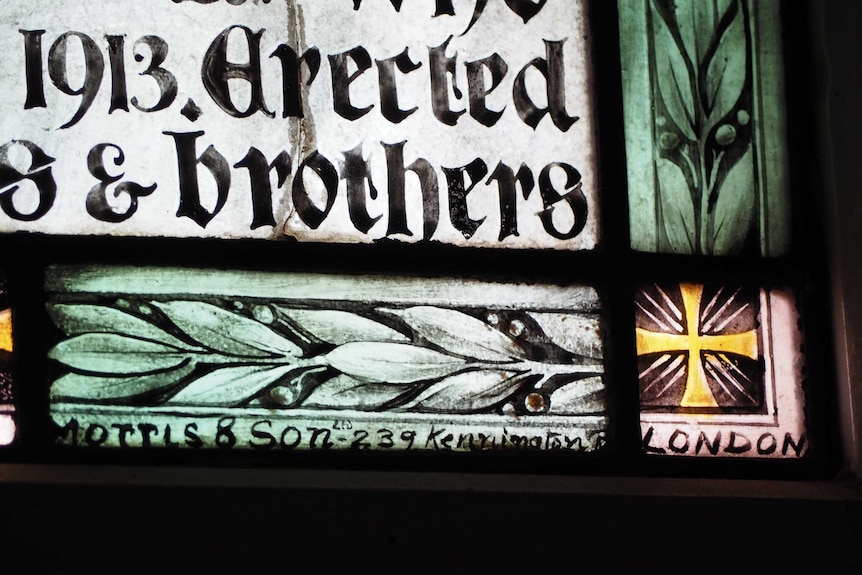 The signature on the fake William Morris window at Kadina's Christ Church.