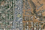 Side by side aerial view of a densely population area before and during a flood