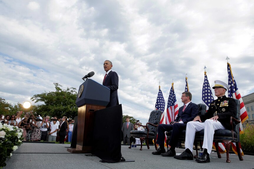 Barack Obama speaks at a 9/11 memorial at the Pentagon.