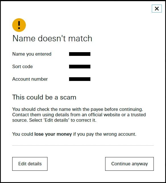 A screenshot of a warning on a bank website, which says "Name doesn't match" and "This could be a scam".